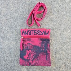 Robin Ruth Amsterdam Canvas Crossbody Purse Bag Pink and Blue Zip 9" x 7" Travel